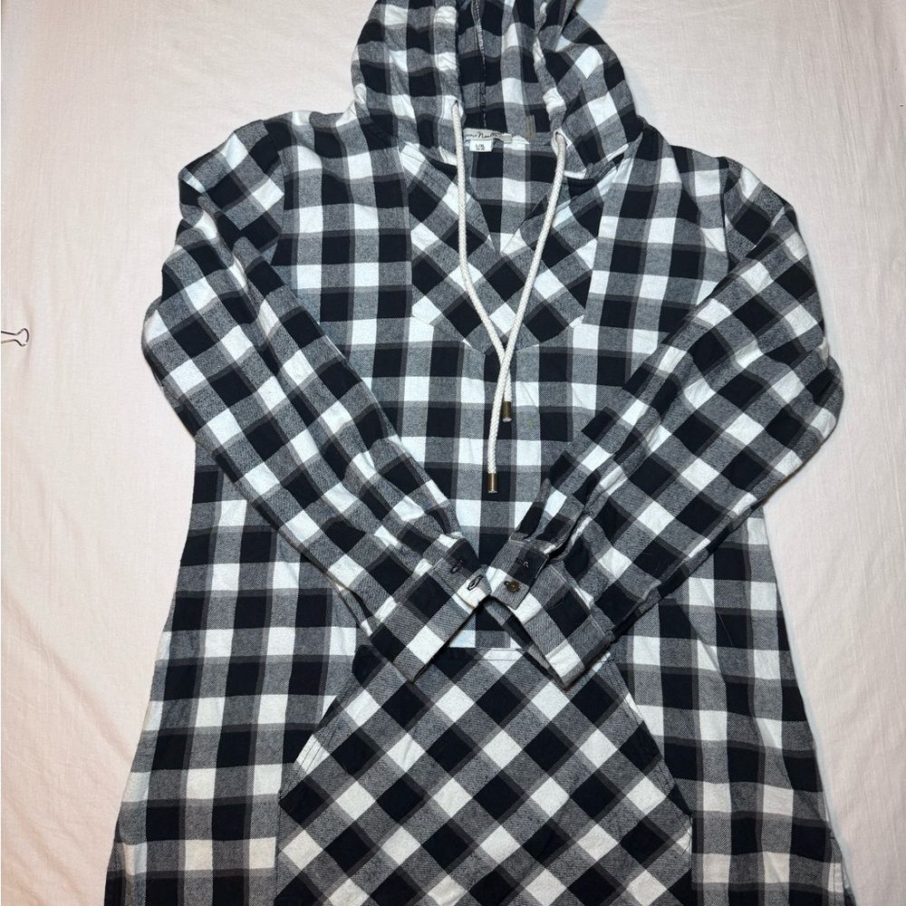 Simply Noelle Women's Pullover Flannel Hoodie Black & White V Neck Large 12-14